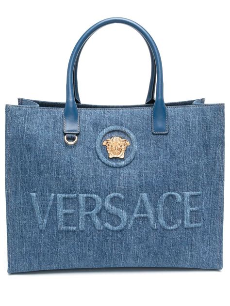 versace black embroidered denim|versace denim tote bag.